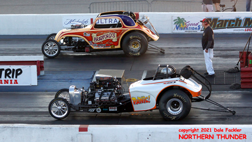 Nick Van Horn - AA/FA - #7534 - 'Panic' - '32 Bantam 
(near lane) vs Randy Bradford - AA/FA - #648 - 'Bradford's Fiat - '48 Fiat (far lane)